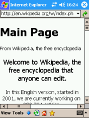 Pocket Internet Explorer displaying the Wikipedia main page on a PDA